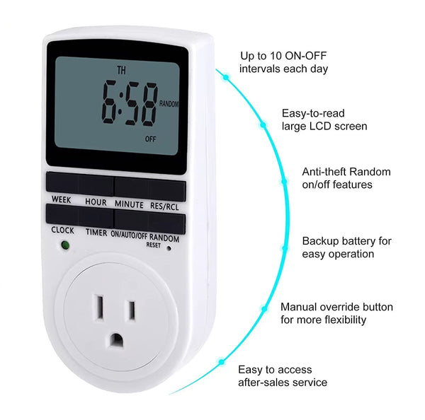 Digital plug-in timer with LCD display by Sper Scientific, showing time and settings, with buttons and outlet.