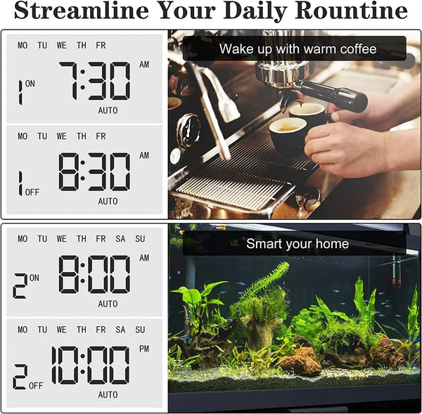 Programmable digital timer with LCD display by Sper Scientific, showing time schedules for appliances and home automation.

