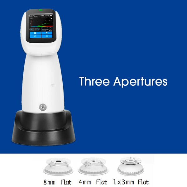 PS2060 Spectrocolorimeter by 3nh, with a touchscreen interface and black base, shown with three different sized aperture attachments.
