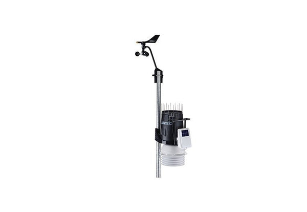 Rain collector cone and heater by Davis Instruments on a thin, silver pole with a mounted solar panel.