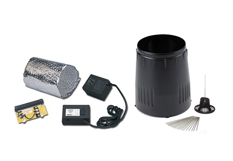 Black rain collector cone and heater by Davis Instruments with additional components.