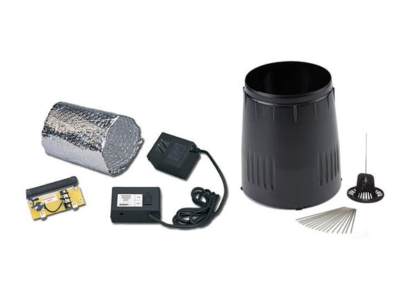Black rain collector cone and heater by Davis Instruments with additional components.