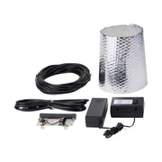 Rain collector heater by Davis Instruments, with a reflective silver insulation sleeve, coiled wire, and power adapter.