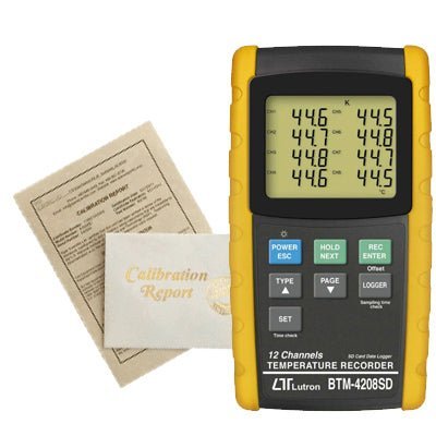 Recertification for a 12 channel thermocouple thermometer from Sper Scientific, next to a Calibration Report.