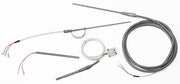 RTD transition with extension wire by Pyromation showing various metallic probe designs and connected leads on a white background.