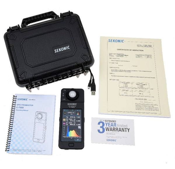 Black Sekonic Spectrometer C-7000 by Sekonic with a carrying case, manual, certificate of inspection and warranty card.
