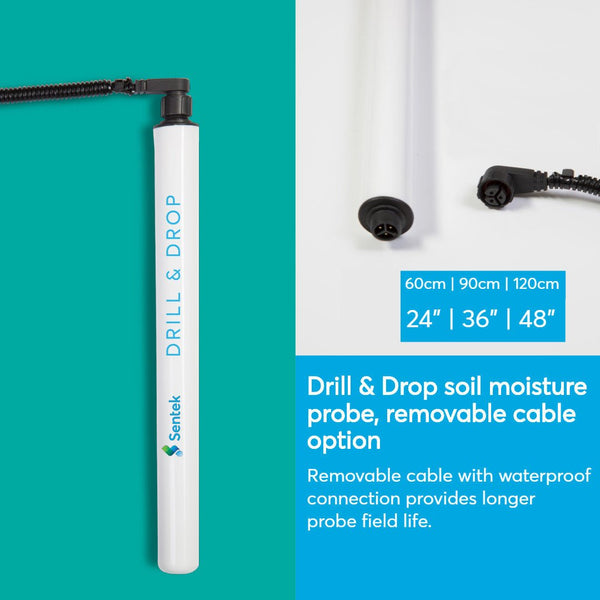 Soil moisture probe by Sentek, featuring a removable cable with waterproof connection for extended field use.