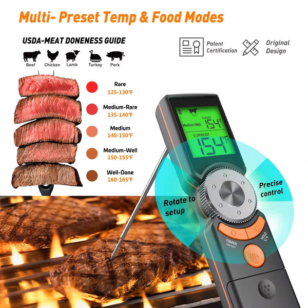 Smart scrolling meat thermometer with instant read by Sper Scientific, displaying temperature and doneness guides.