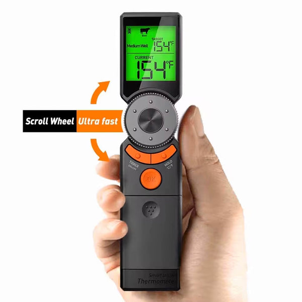 Scrolling meat thermometer with an instant read function by Sper Scientific showing a digital display and gray scrolling wheel.

