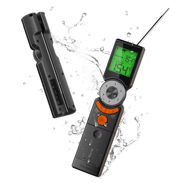 Smart scrolling meat thermometer with instant read by Sper Scientific, displaying the temperature on a digital screen.