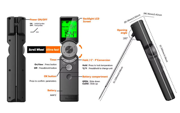 Black smart scrolling meat thermometer with instant read by Sper Scientific, showing LCD screen and measurements in detail.