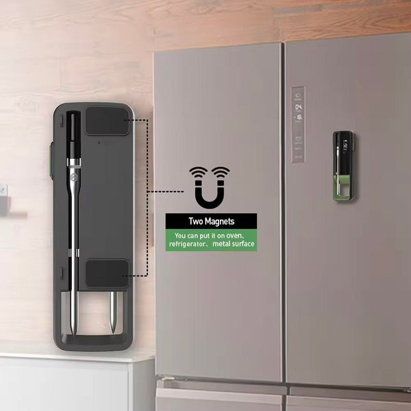 Smart wireless meat thermometer by Sper Scientific with magnetic back, mounted to a stainless steel refrigerator.