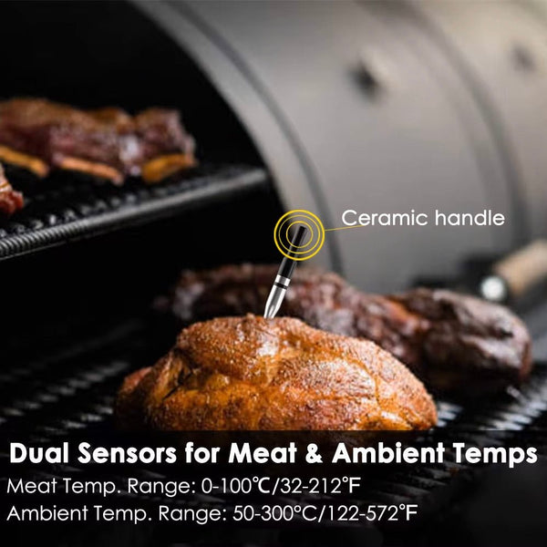 Wireless dual probe thermometer by Sper Scientific, inserted into a piece of cooked meat on a grill inside a smoker.