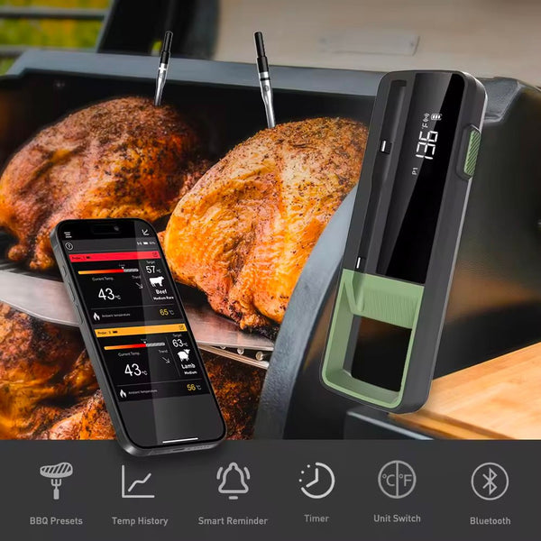 Smart wireless meat thermometer by Sper Scientific showing the internal temperature of a chicken, displayed on an accompanying smartphone.
