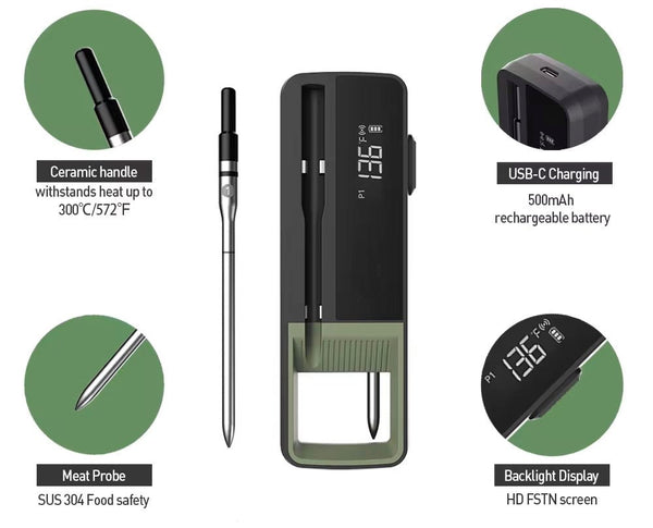Smart wireless meat thermometer by Sper Scientific featuring a ceramic handle, USB-C charging, and a backlight display.