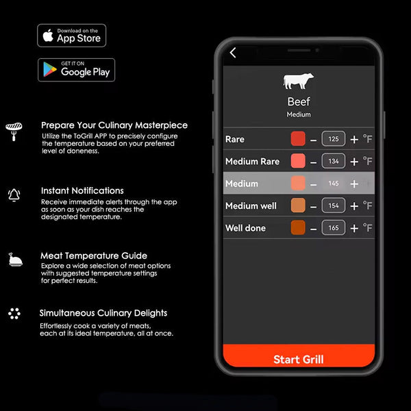 Thermometer app interface by Sper Scientific showing meat temperature guide and settings.