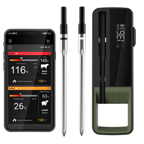 Smart wireless meat thermometer with dual probe by Sper Scientific, displaying temperature readings next to a charging case.
