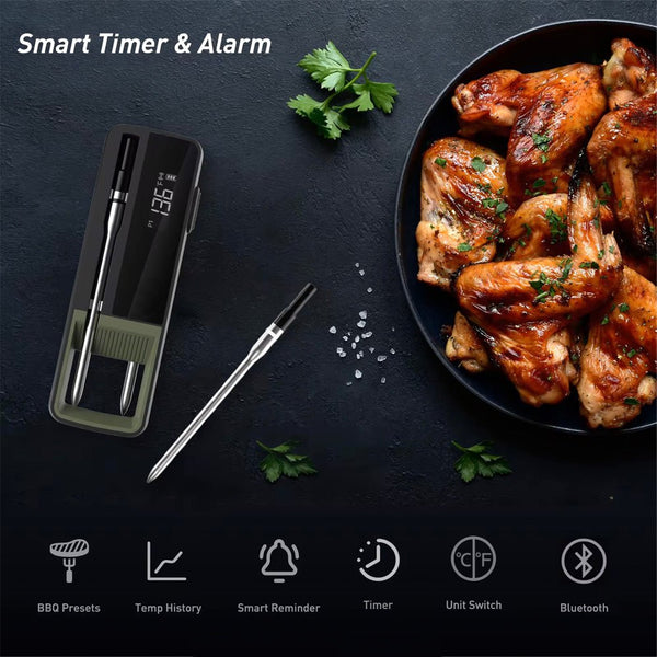 Smart wireless meat thermometer by Sper Scientific with two probes, displayed beside a plate of grilled chicken wings.