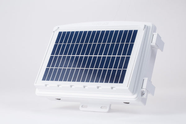 White solar power kit by Davis Instruments with a rectangular solar panel inside.