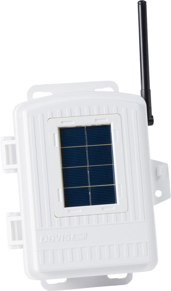 White wireless sensor transmitter by Davis Instruments with black antenna and solar panel.