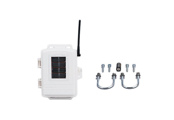 White solar-powered wireless sensor transmitter by Davis Instruments with antenna and mounting hardware on a white background.