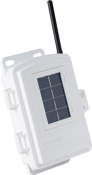White solar-powered wireless sensor transmitter by Davis Instruments with a black antenna and mounting brackets.