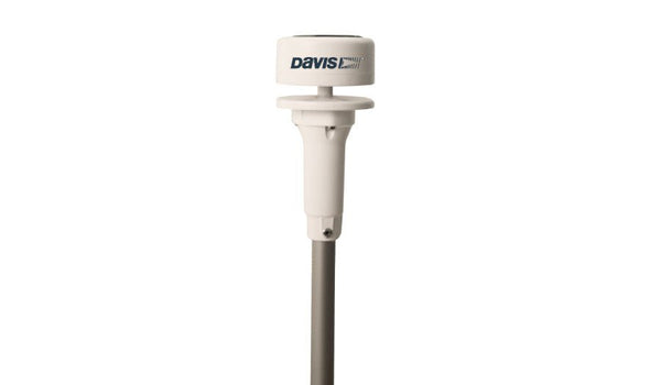 Ultrasonic wind sensor by Davis Instruments with a white body and gray pole.
