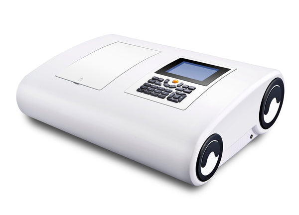 White double beam spectrophotometer by Sper Scientific, featuring a screen and keyboard on top, and rounded ends.