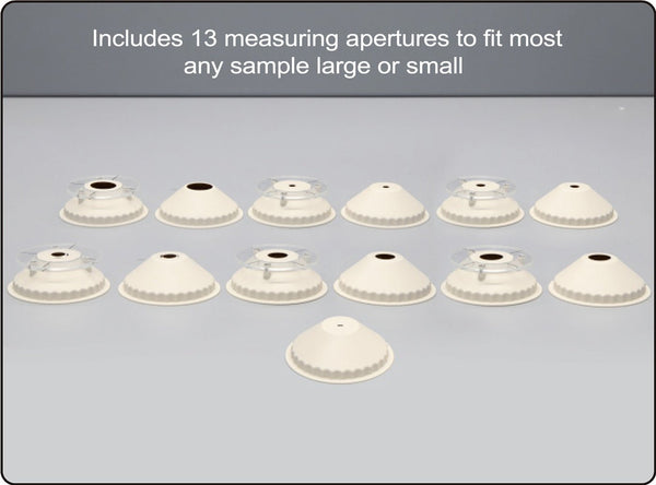 Spectrophotometer with multiple measuring apertures by 3nh, arranged in rows on a gray surface.