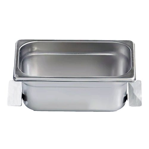 Stainless steel auxiliary pan by Crest Ultrasonics with a rectangular shape and shiny surface.