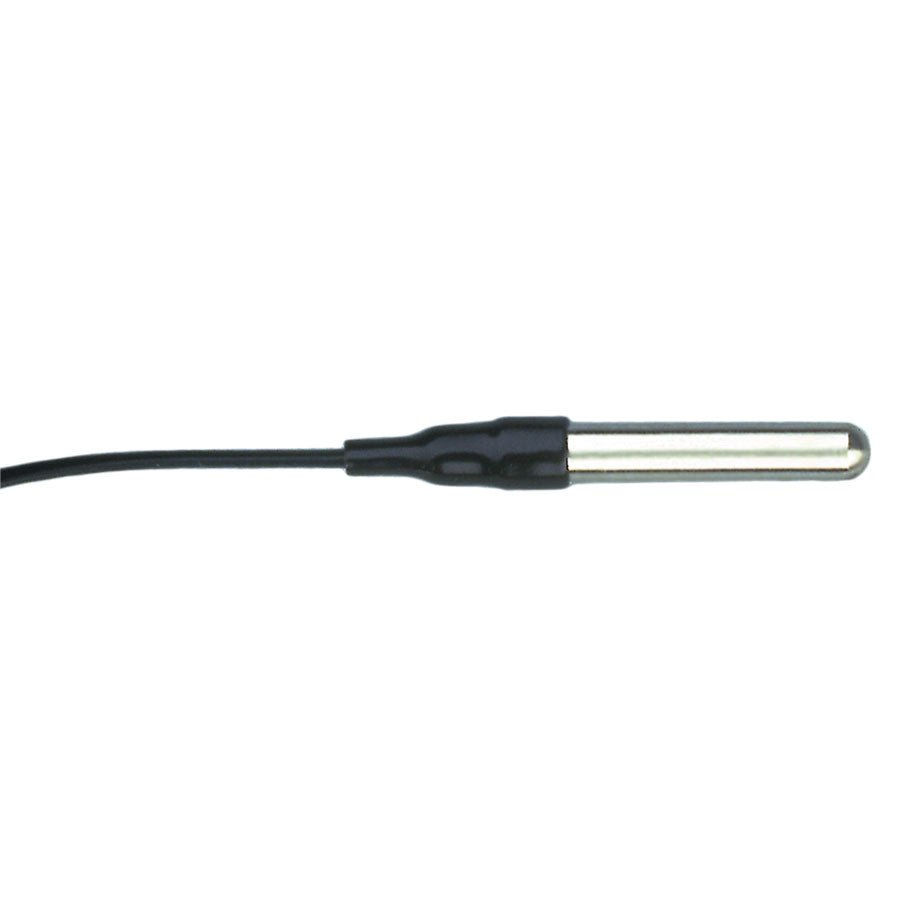 Stainless steel temperature probe with two-wire termination by Davis Instruments, showing a shiny metal tip with black wire.