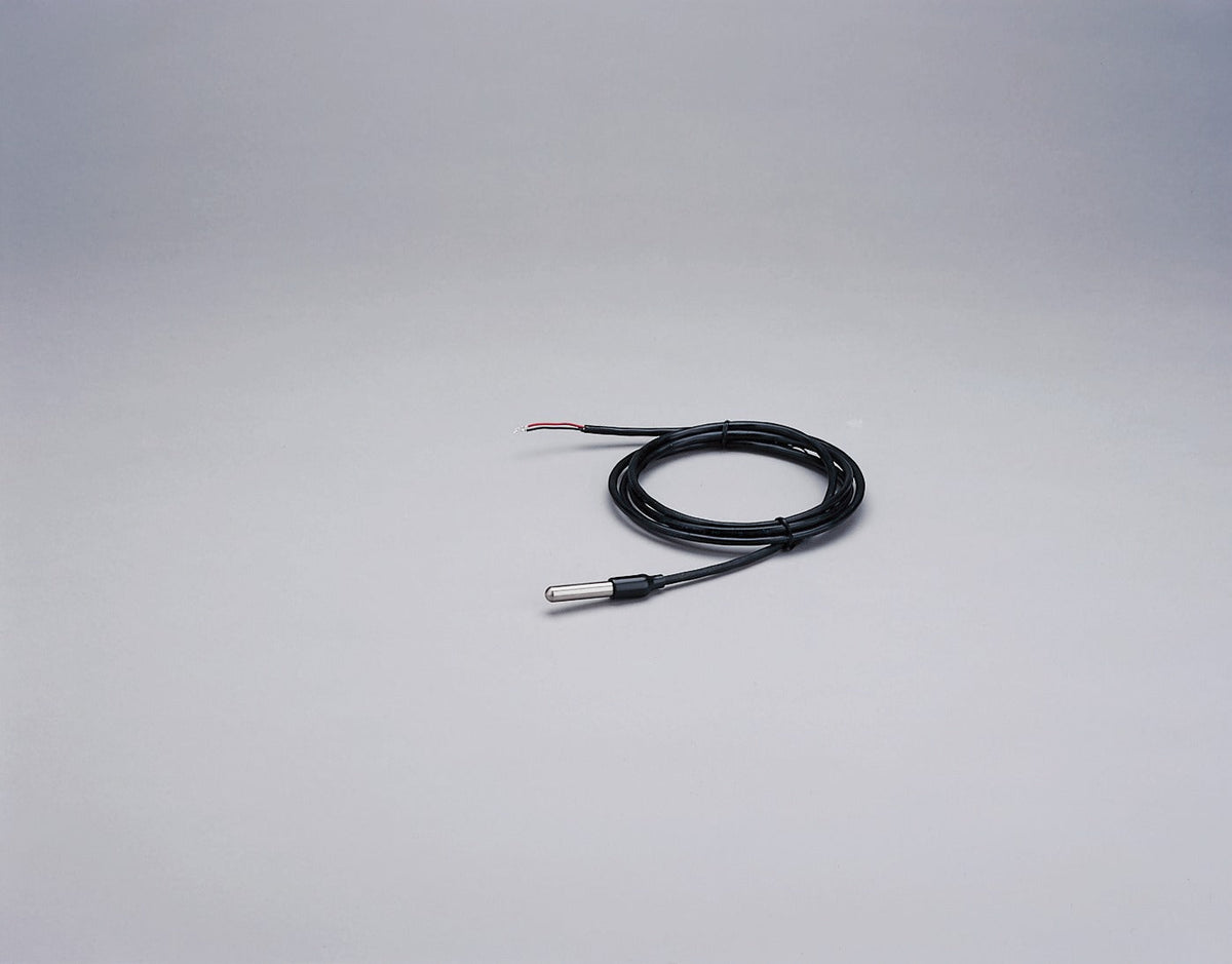 Stainless steel temperature probe with two-wire termination by Davis Instruments, coiled against a gray backdrop.