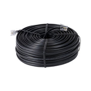 Black 4-conductor cable by Davis Instruments, coiled and secured with black bands, showing clear modular plugs.
