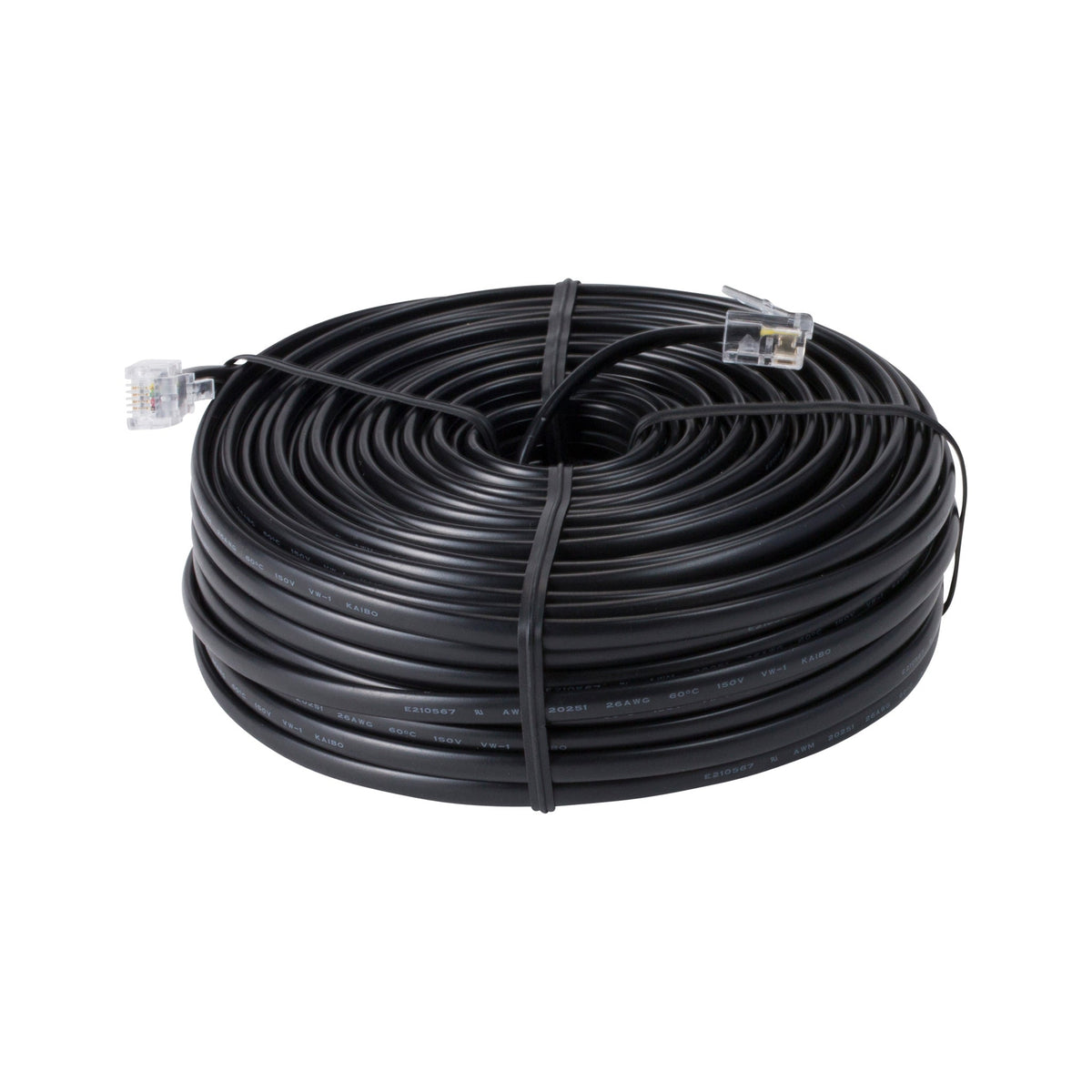 Black 4-conductor cable by Davis Instruments, coiled and secured with black bands, showing clear modular plugs.
