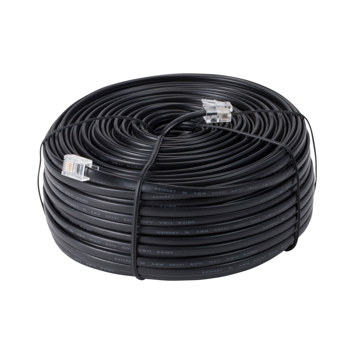 Black 4-conductor cable by Davis Instruments, coiled and secured with clear RJ11 connectors.