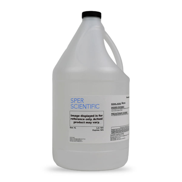 Calibration solution by Sper Scientific in a clear jug with black cap, displaying product information.