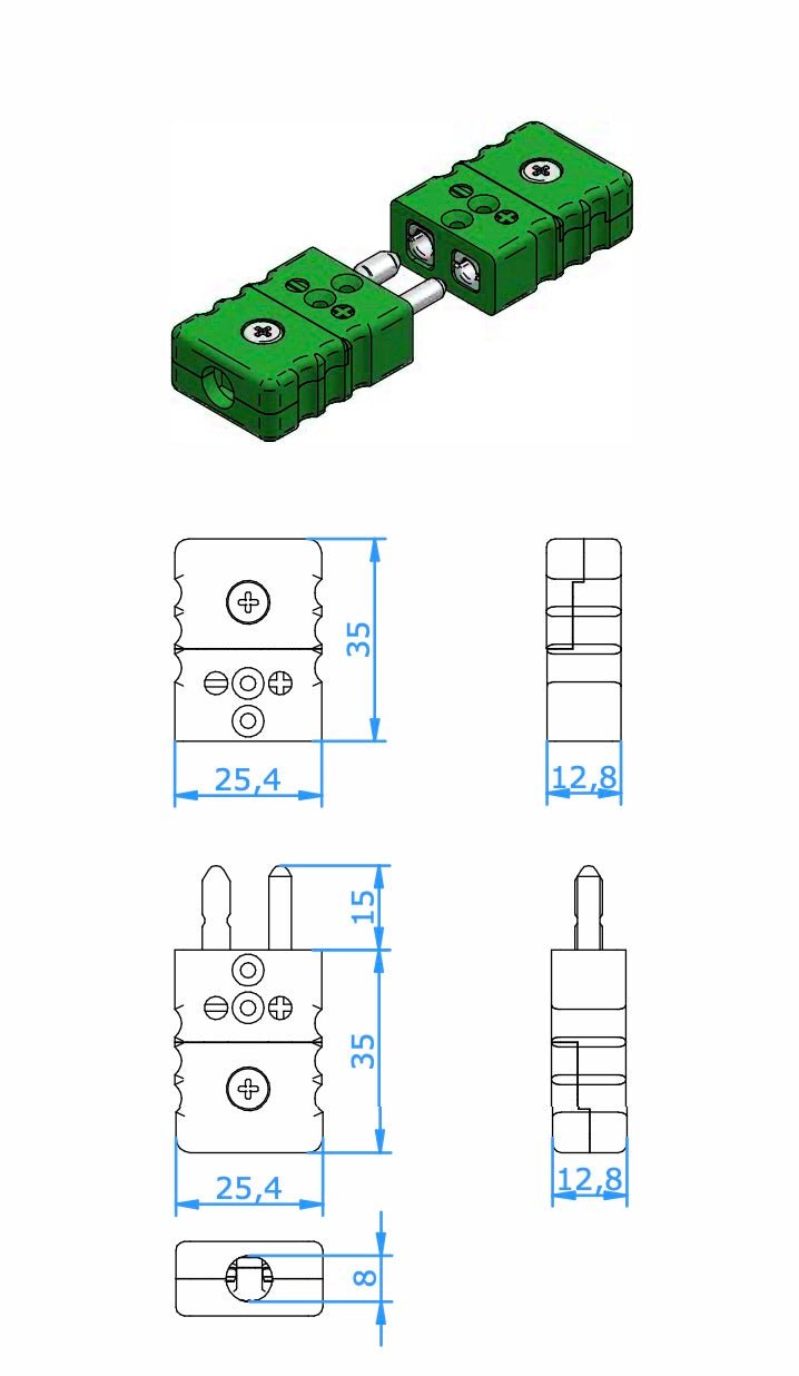 Green standard thermocouple and RTD plug by Pyromation, shown with dimensional diagrams.