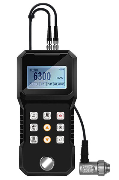 Handheld Ultrasonic Thickness Gauge by BRK with a blue LCD screen and a connected ultrasonic sensor.