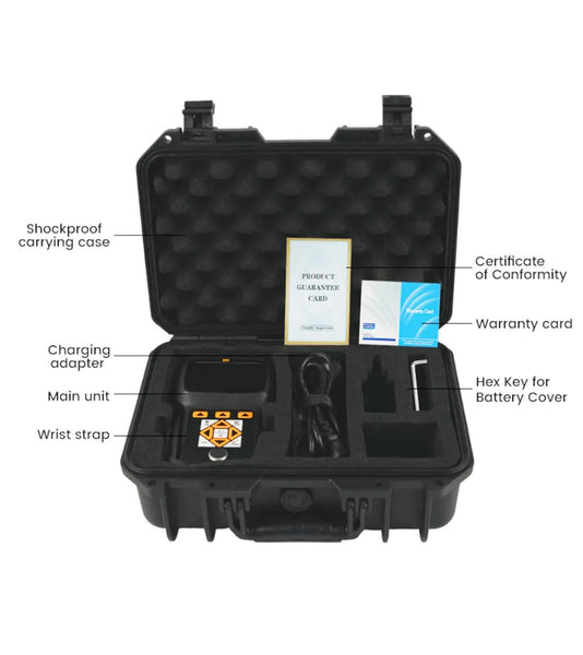 Ultrasonic precision thickness gauge by BRK in a shockproof carrying case with warranty card and certificate of conformity.