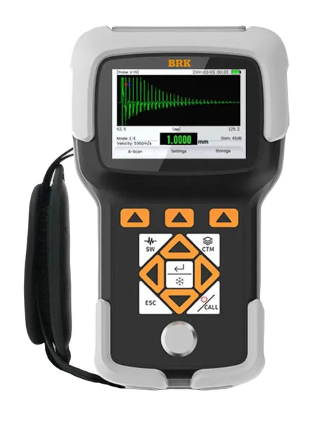 Ultrasonic precision thickness gauge by BRK, showing a reading and button controls on a handheld device.
