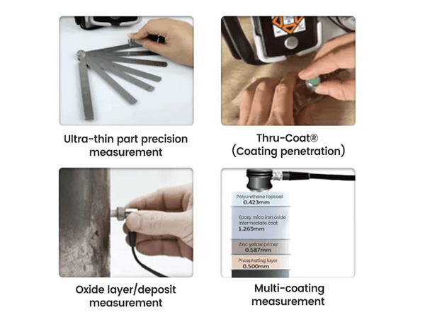 Ultrasonic precision thickness gauge by BRK, showcasing measurement of thin parts, coating penetration, oxide layers, and multi-coating.
