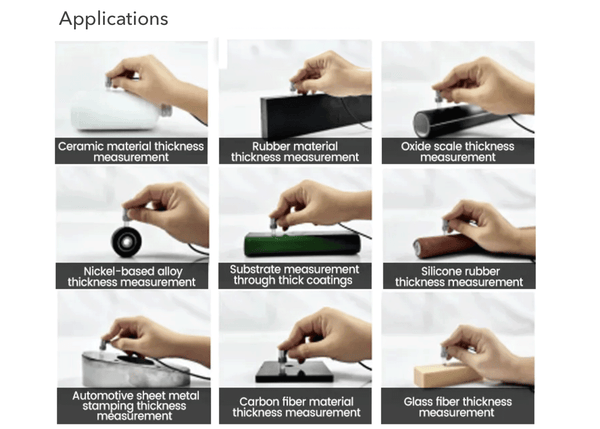 Ultrasonic precision thickness gauge by BRK demonstrating applications on various materials in different scenarios.