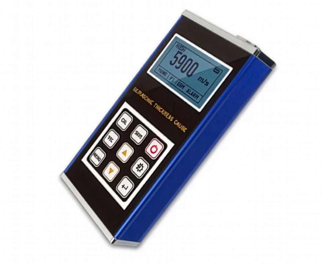 Ultrasonic thickness gauge by BRK with a black and blue housing, display screen, and push-button controls.
