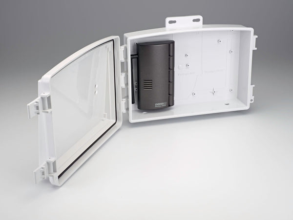 White universal shelter accessory by Davis Instruments, with door open, and an internal device.