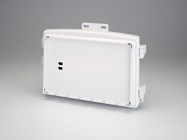 White universal shelter by Davis Instruments featuring ventilation slots and mounting bracket.