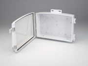 White universal shelter by Davis Instruments with an open door showing the mounting structure.