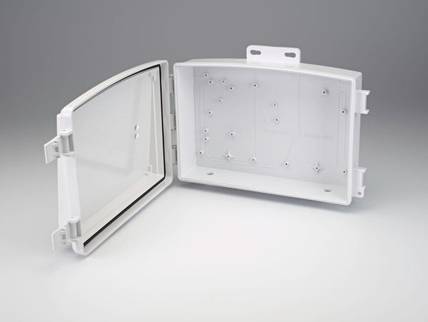 White universal shelter by Davis Instruments with an open door showing the mounting structure.