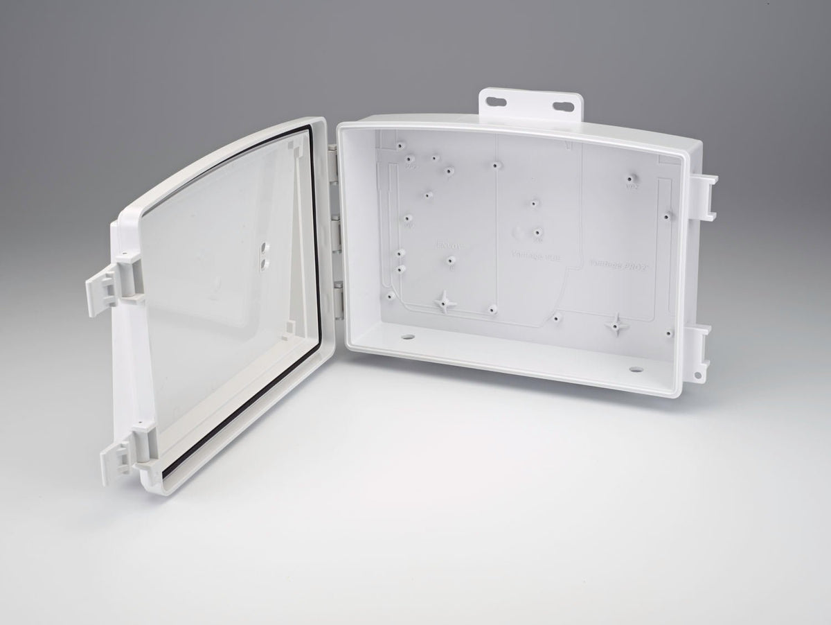 White universal shelter by Davis Instruments with an open hinged door, revealing mounting options inside.