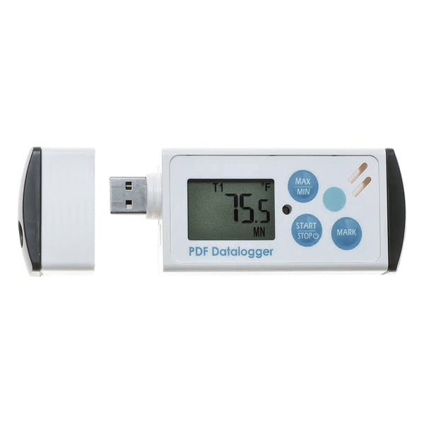 White USB temperature datalogger with PDF reports by Sper Scientific showing a digital temperature reading.