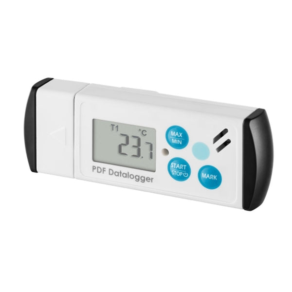 White USB humidity/temperature datalogger from Sper Scientific with a digital display and blue pushbuttons.
